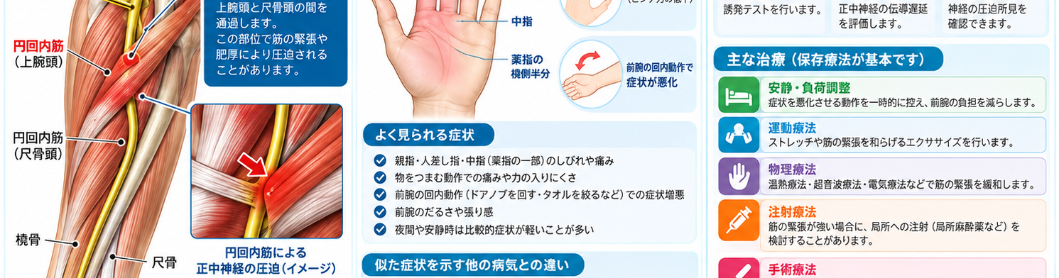 円回内筋症候群の原因・評価・鑑別を示す医学イラスト