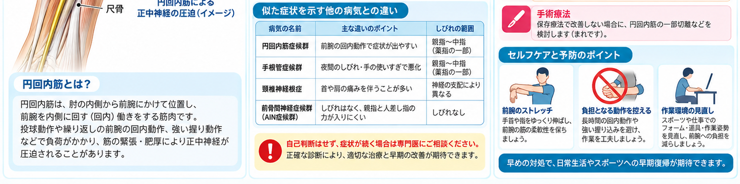 円回内筋症候群の対処・治療・受診目安を示す医学イラスト