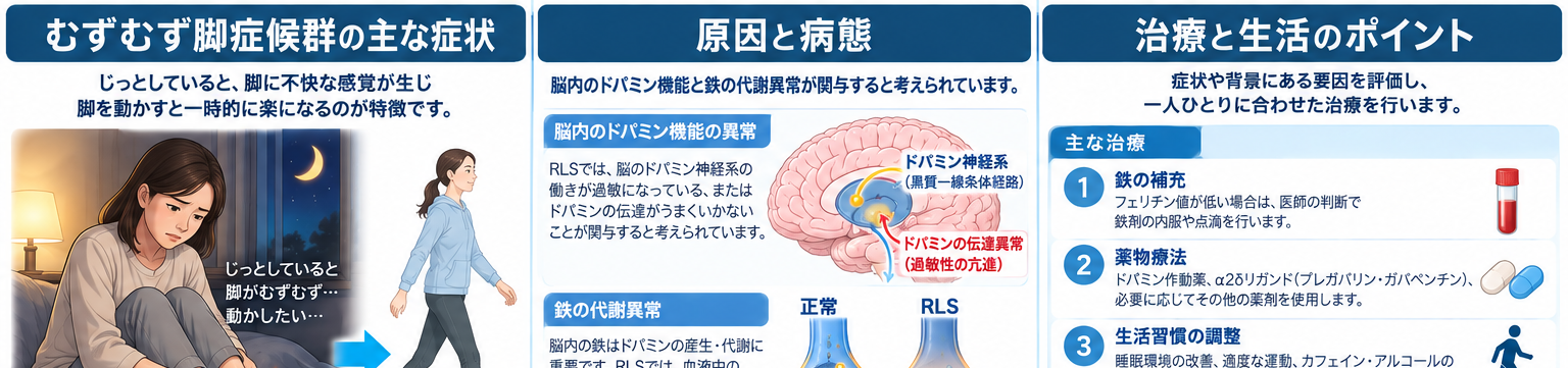 むずむず脚症候群の症状・解剖・特徴を示す医学イラスト