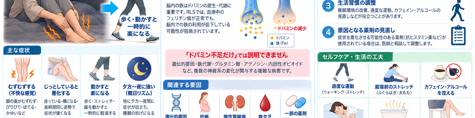 むずむず脚症候群の原因・評価・鑑別を示す医学イラスト