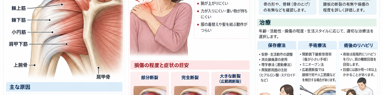 腱板損傷の原因・評価・鑑別を示す医学イラスト
