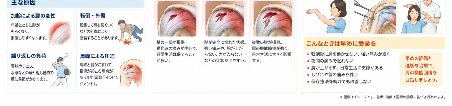 腱板損傷の対処・治療・受診目安を示す医学イラスト