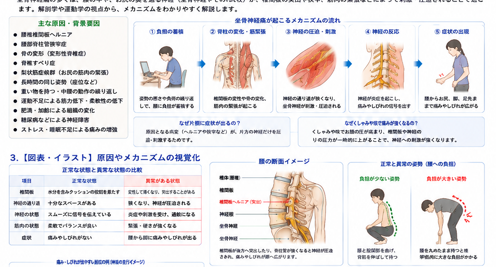 坐骨神経痛の原因・評価・鑑別を示す医学イラスト