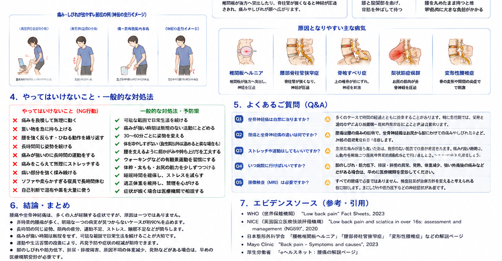 坐骨神経痛の対処・治療・受診目安を示す医学イラスト