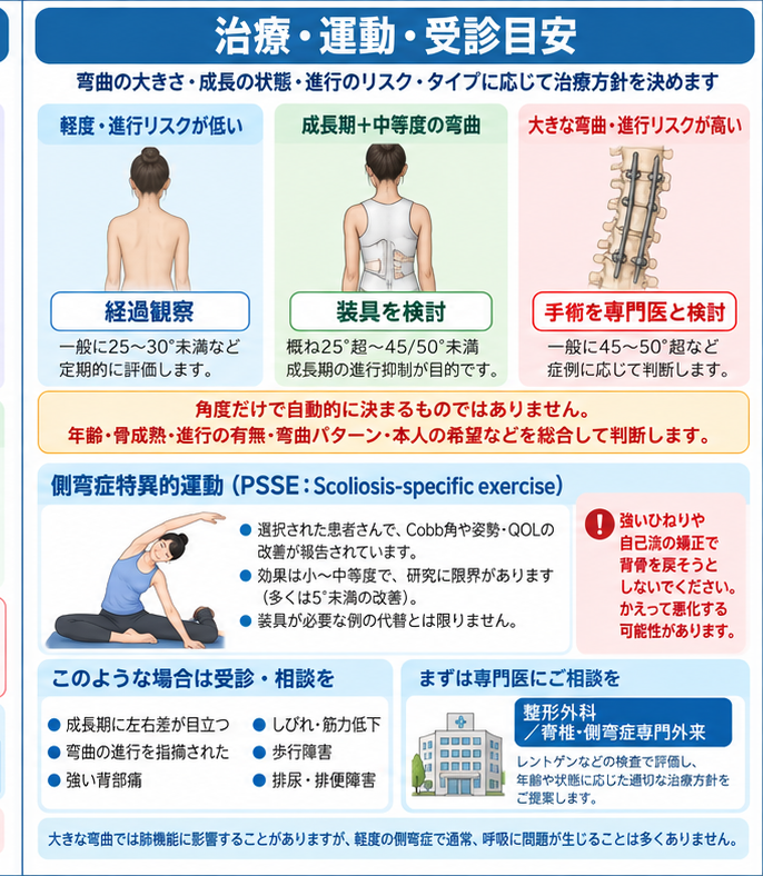 側弯症の対処・治療・受診目安を示す医学イラスト