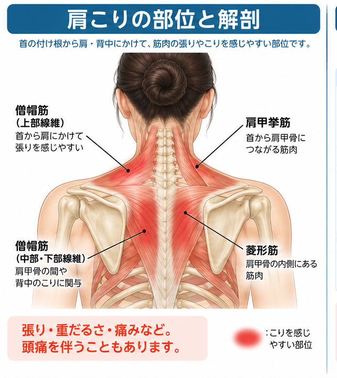 肩こりの症状・解剖・特徴を示す医学イラスト