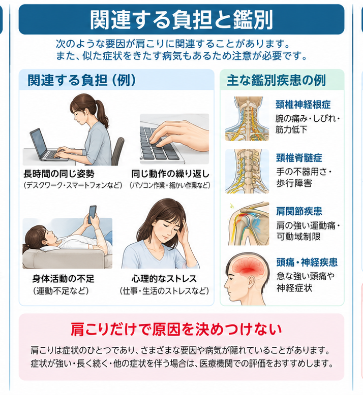 肩こりの原因・評価・鑑別を示す医学イラスト