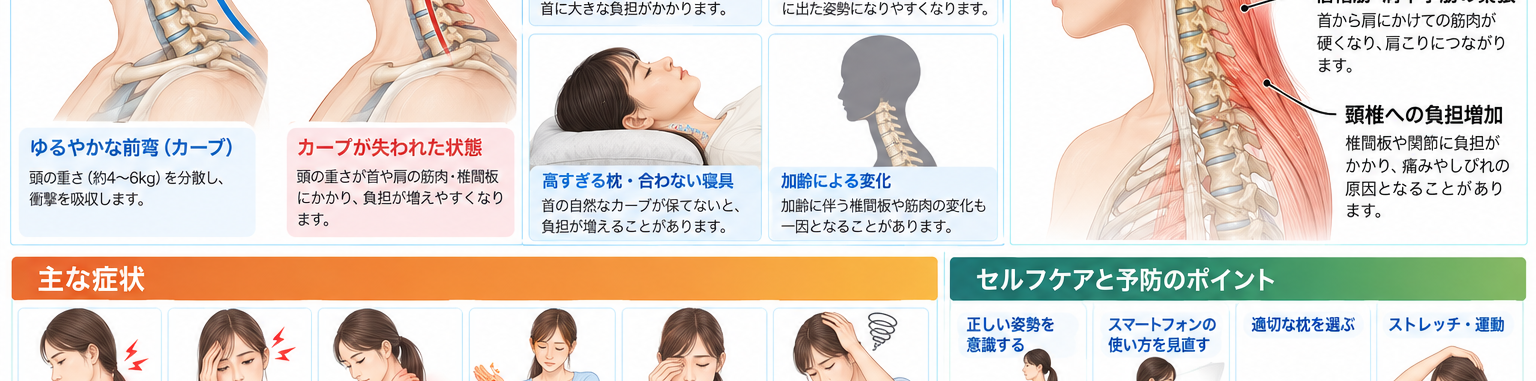 ストレートネックの原因・評価・鑑別を示す医学イラスト