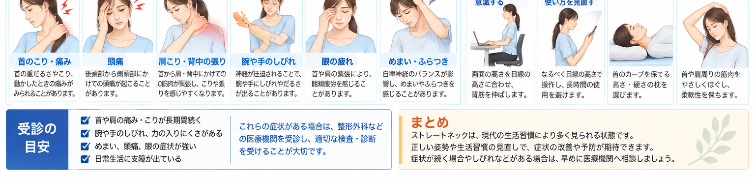 ストレートネックの対処・治療・受診目安を示す医学イラスト