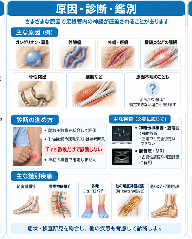 足根管症候群の原因・評価・鑑別を示す医学イラスト