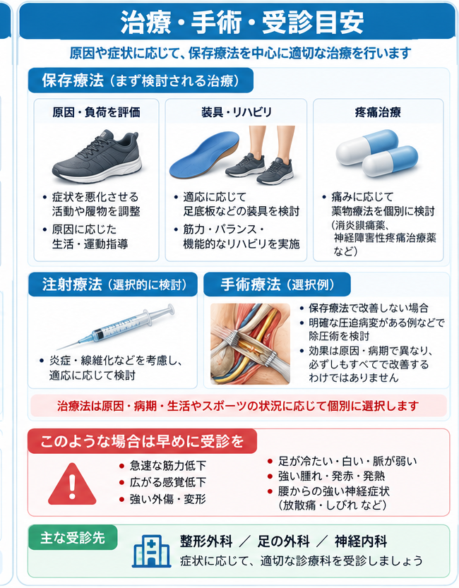 足根管症候群の対処・治療・受診目安を示す医学イラスト