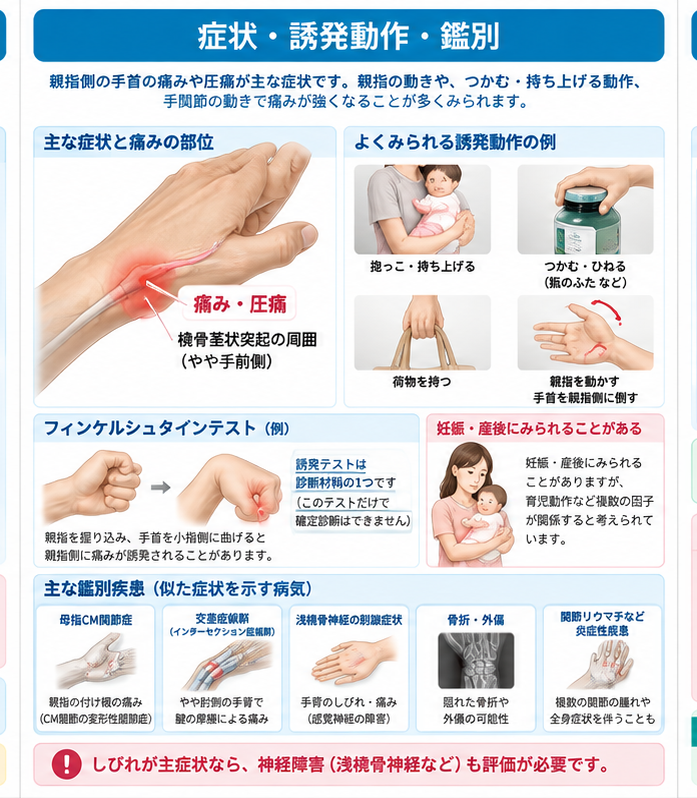 腱鞘炎の原因・評価・鑑別を示す医学イラスト