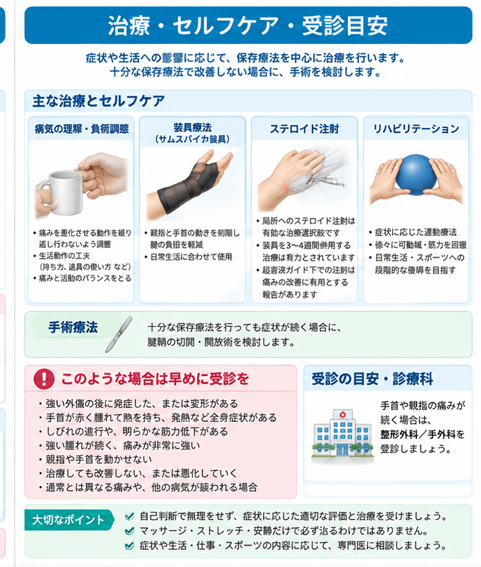 腱鞘炎の対処・治療・受診目安を示す医学イラスト