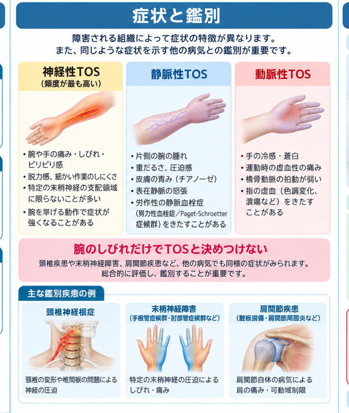 胸郭出口症候群の原因・評価・鑑別を示す医学イラスト