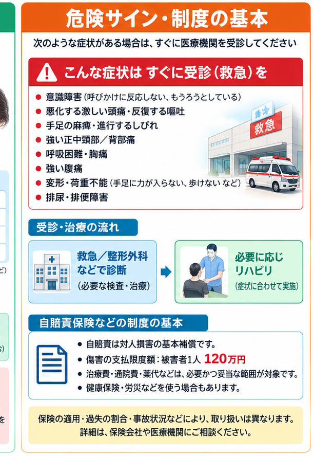 交通事故治療の対処・治療・受診目安を示す医学イラスト
