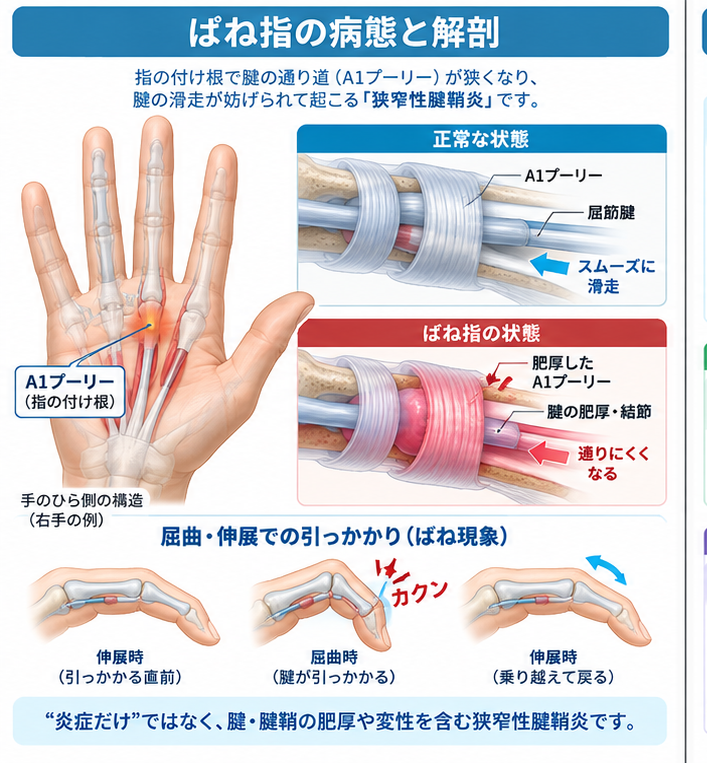 ばね指の症状・解剖・特徴を示す医学イラスト