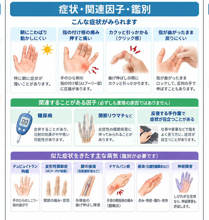 ばね指の原因・評価・鑑別を示す医学イラスト