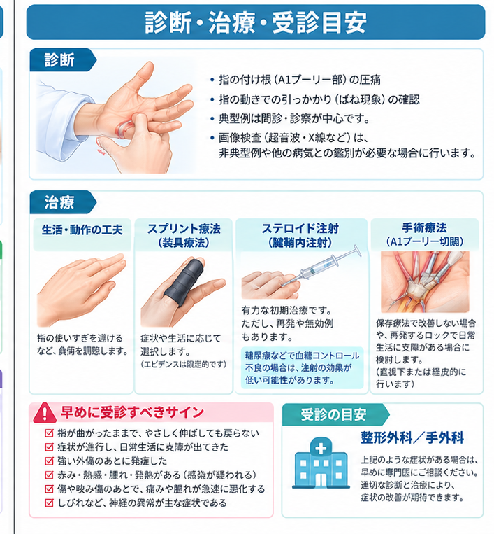 ばね指の対処・治療・受診目安を示す医学イラスト